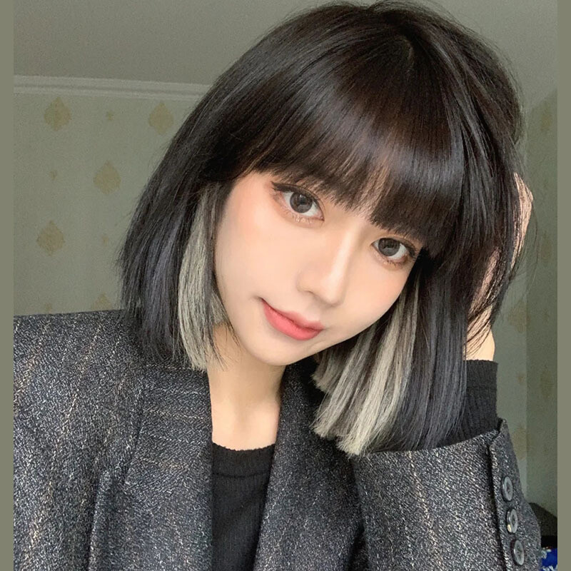 Women Black Bob Wigs With Bangs Gray Hair Highlight Synthetic Party Fashion Wigs