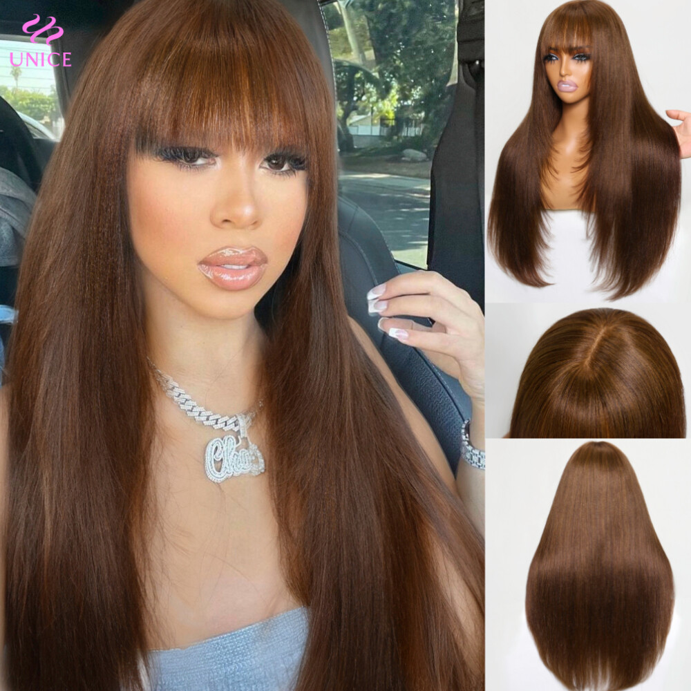 UNice Indian Brown Yaki Straight Human Hair Wigs with Bangs Lace Wigs Layer Cut
