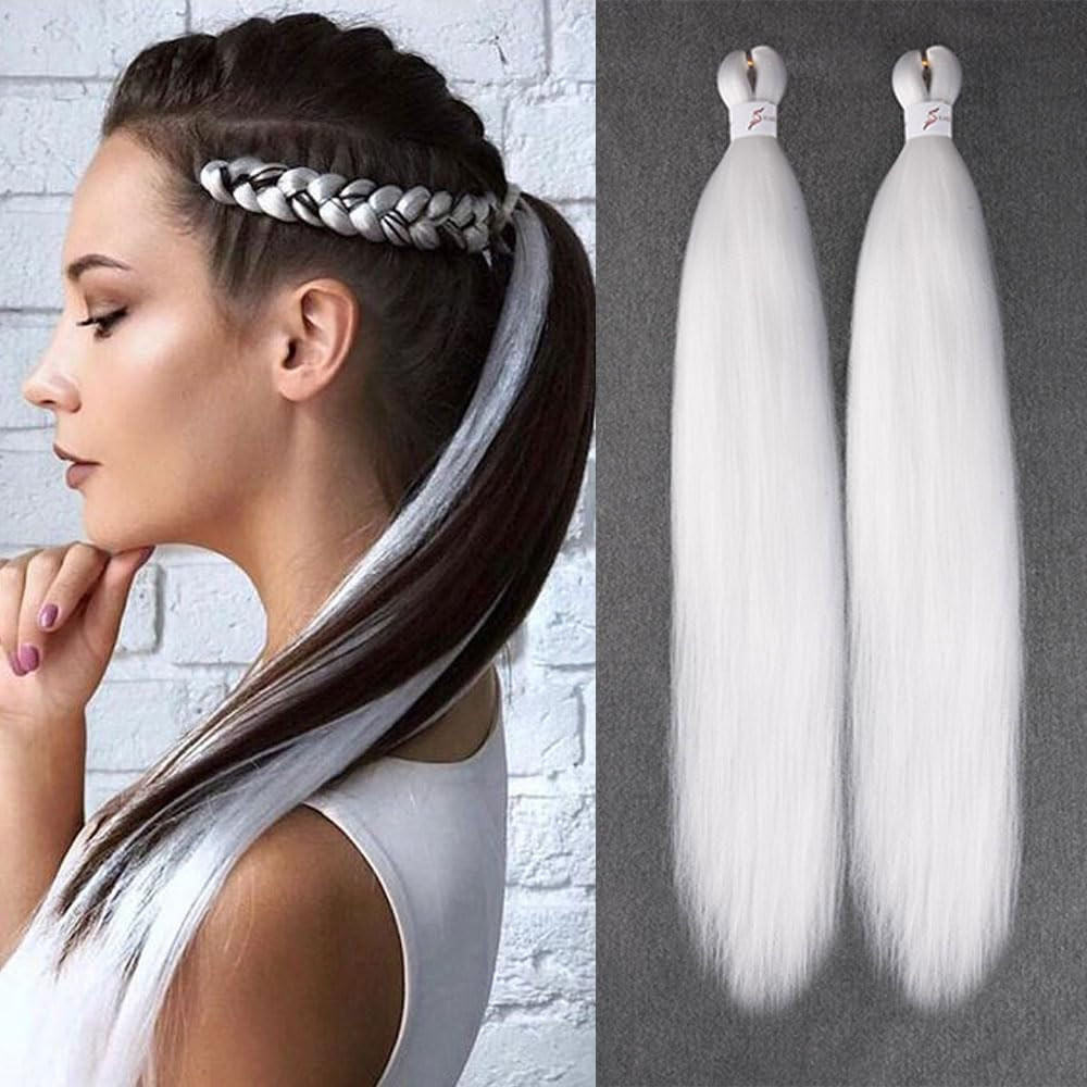 White Braiding Hair 26 Inch Pre Stretched Easy Hair 2 Packs Synthetic Crochet Bo