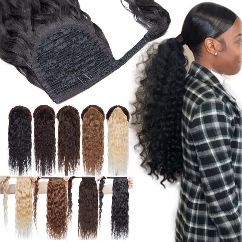 Wrap On Corn Wave Ponytail Clip In 100% Human Hair Magic Tape Thick One Piece US