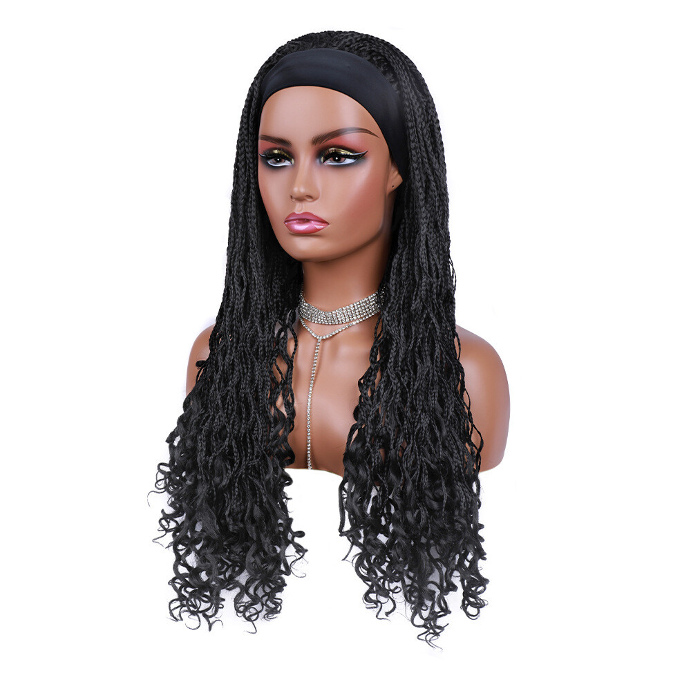 26″ Straight Curly Box Braids Headband Wigs for Black Women Braided Wig Wrap Wig