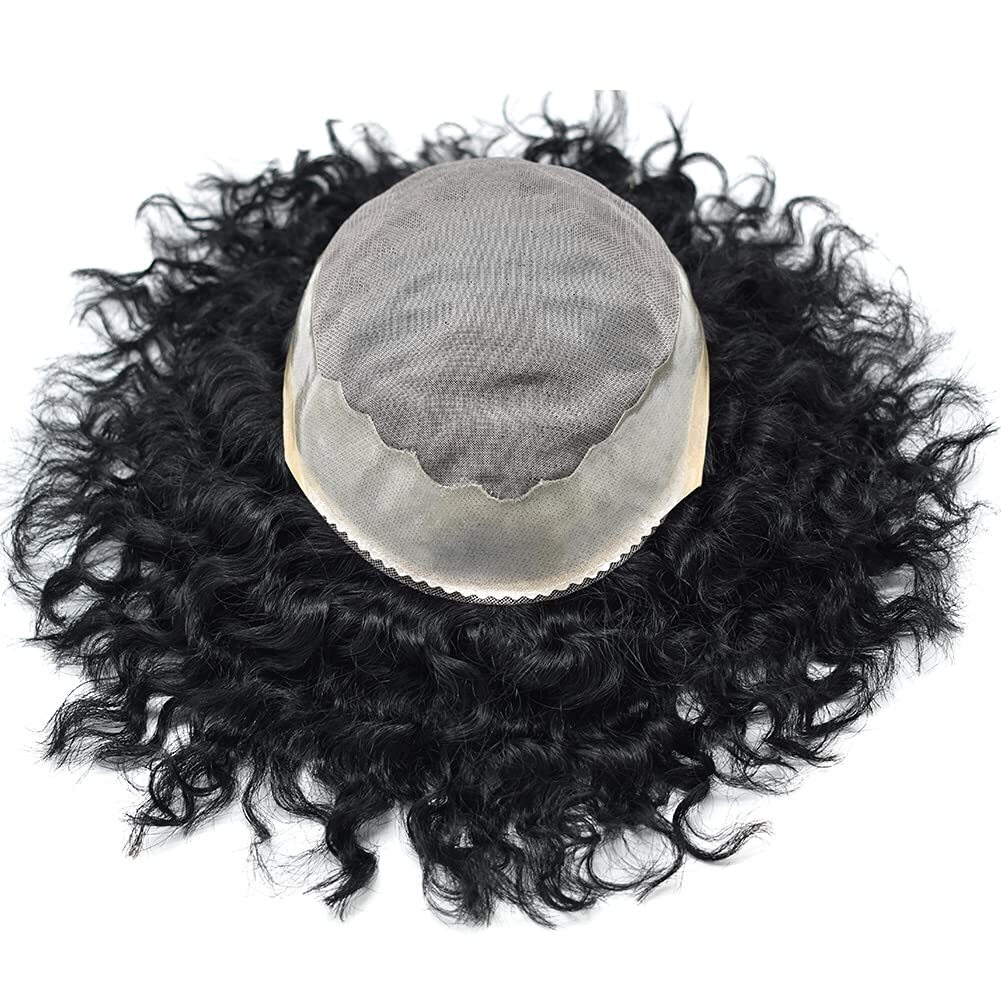 Afro Curly Wavy Human Hair Replacement System Mono Poly NPU Wig Mens ToupeeUS