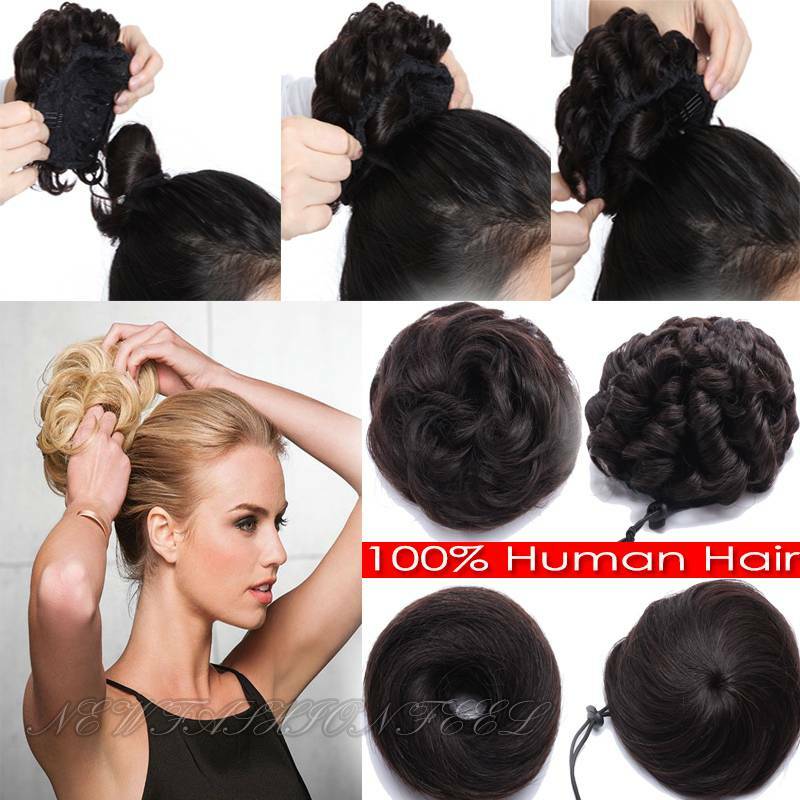 Real 100% Remy Human Hair Scrunchie Ponytail Bun Elastic Band Straight Messy US