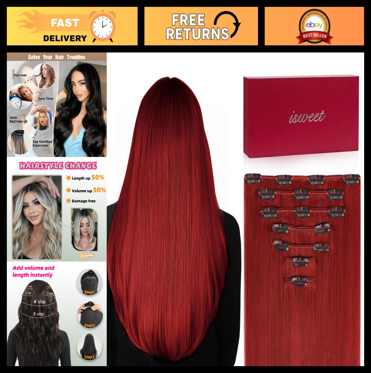 20″ 110g Clip-in Hair Extensions, Real Remy Human Hair, Soft & Natural Red, 7Pcs