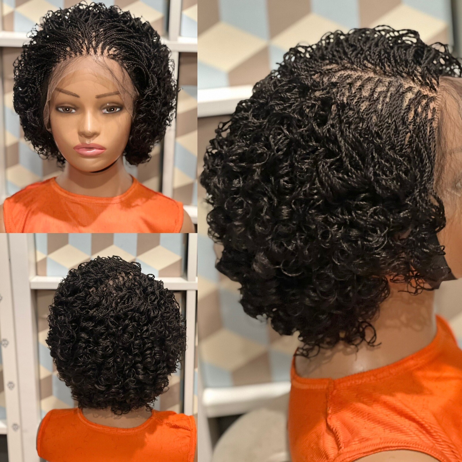 Braided micro twist wig with curly tips made on a full lace wig.READY TO SHIP.