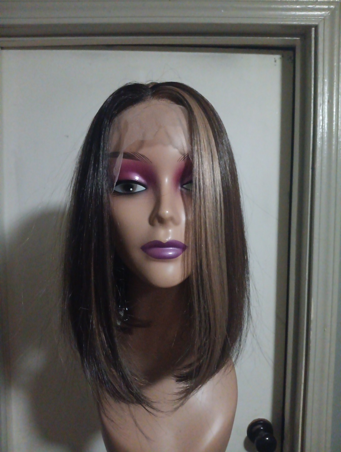 11″ Lace Front Brown Hair With Highlights Synthetic Bob