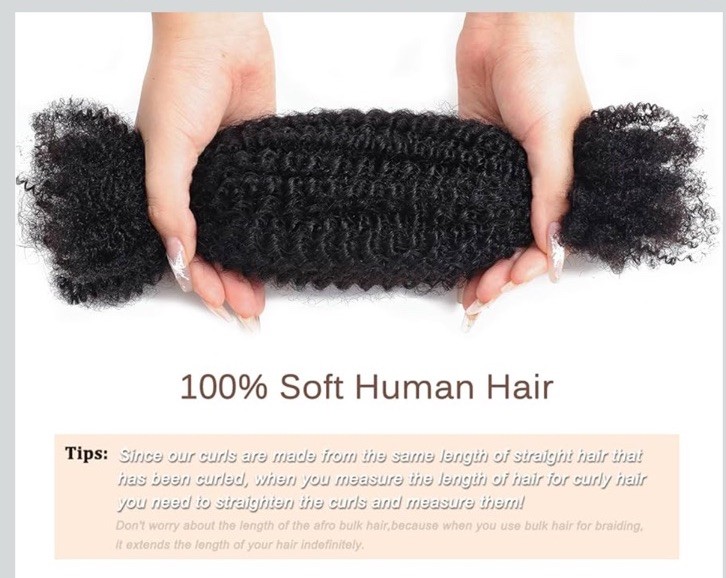 100% Afro Kinkys Bulk Human Hair for Twists, Afro Kinkys Human Hair Bulk 22”