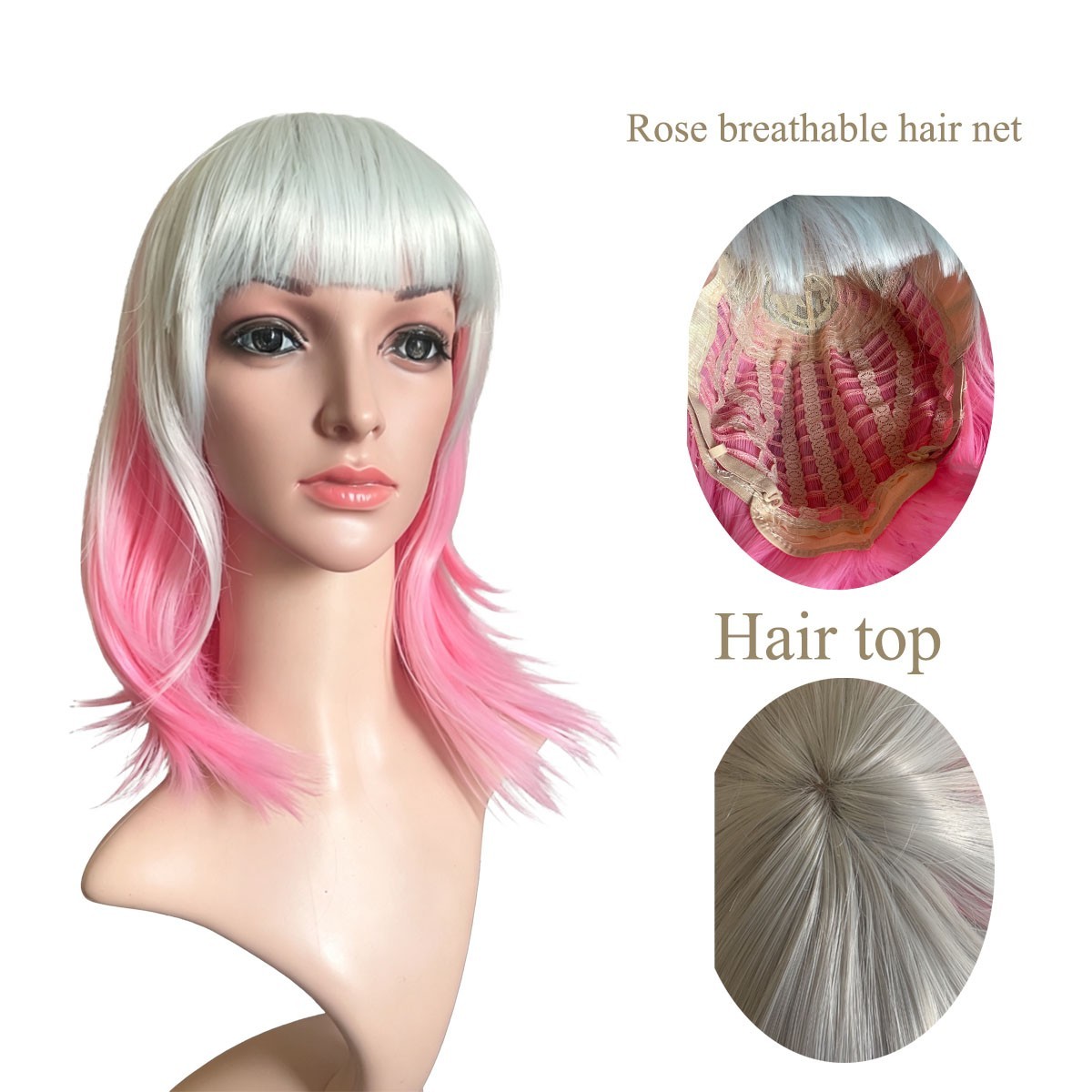 Silver Pink Ombre Bob Wig Short Synthetic Hair with Bangs Capless Open Weft