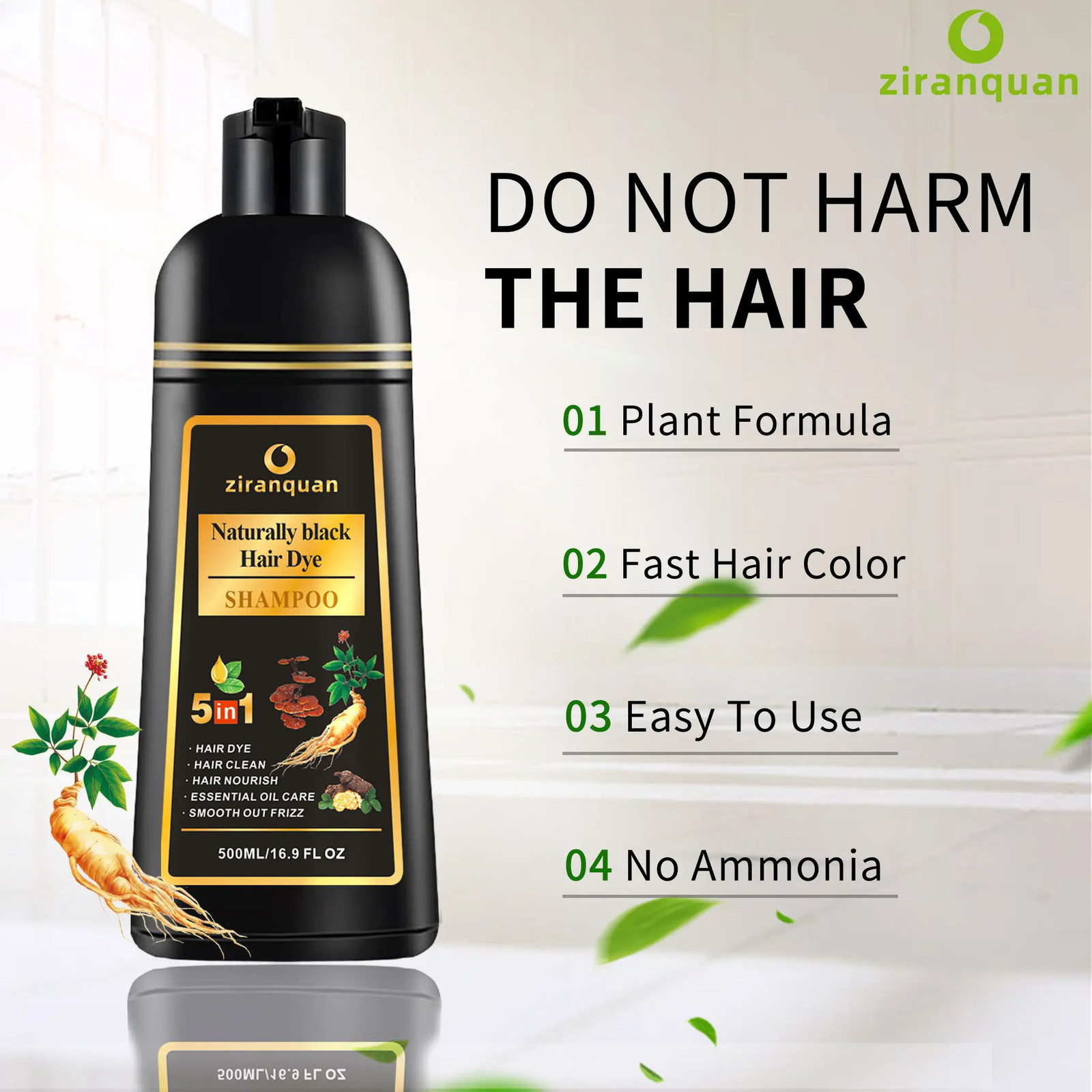 Natural Black Hair & Beard Color Shampoo with Organic Ginseng & Ginger Root Extr