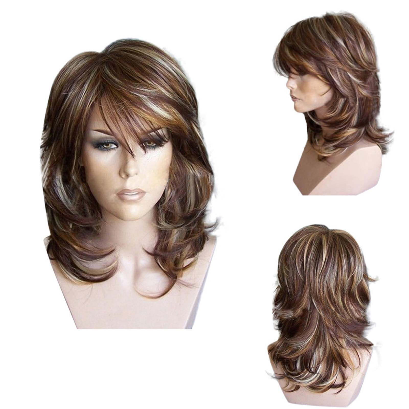 WomenFashion Mixed Brown Fiber Wigs Layered Slightly Curled Synthetic Wigs
