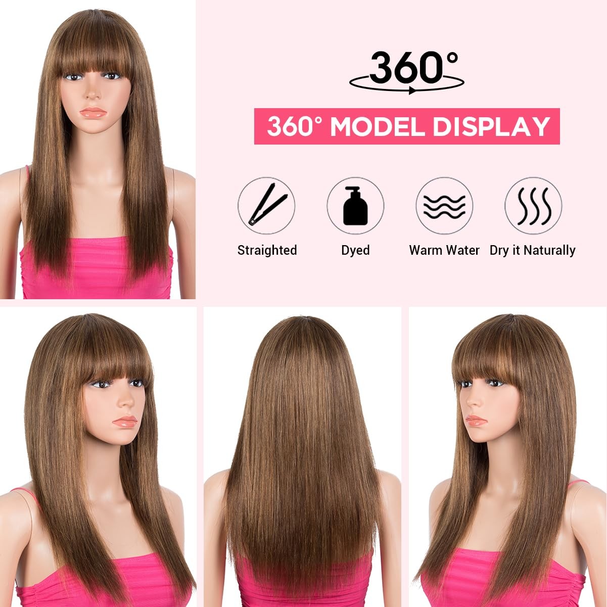 Rebecca Fashion 18 Inch Ombre Brown Straight Wigs Bangs Human Hair Wigs For