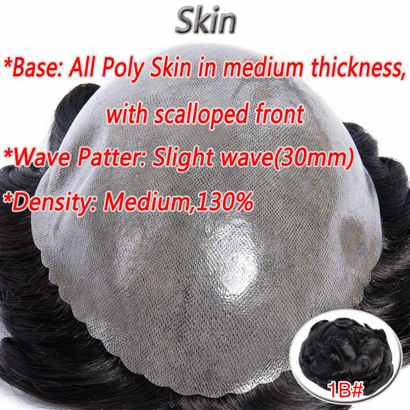 Full Poly Skin Mens Toupee Injected PU Human Hair System Replacement Wig for Men