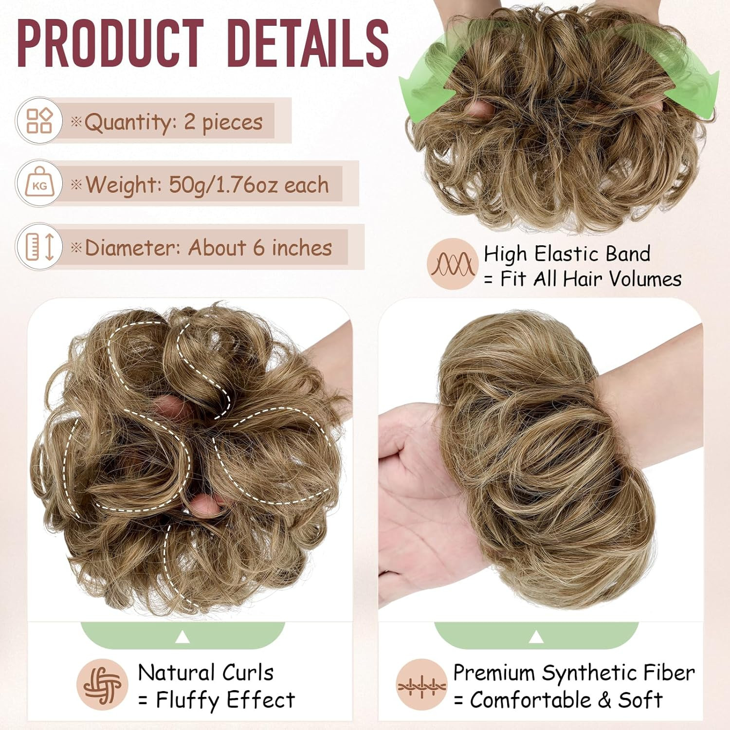2 PCS Messy Bun Hair Piece Wavy Curly Scrunchies Synthetic Chignon Ponytail Hair