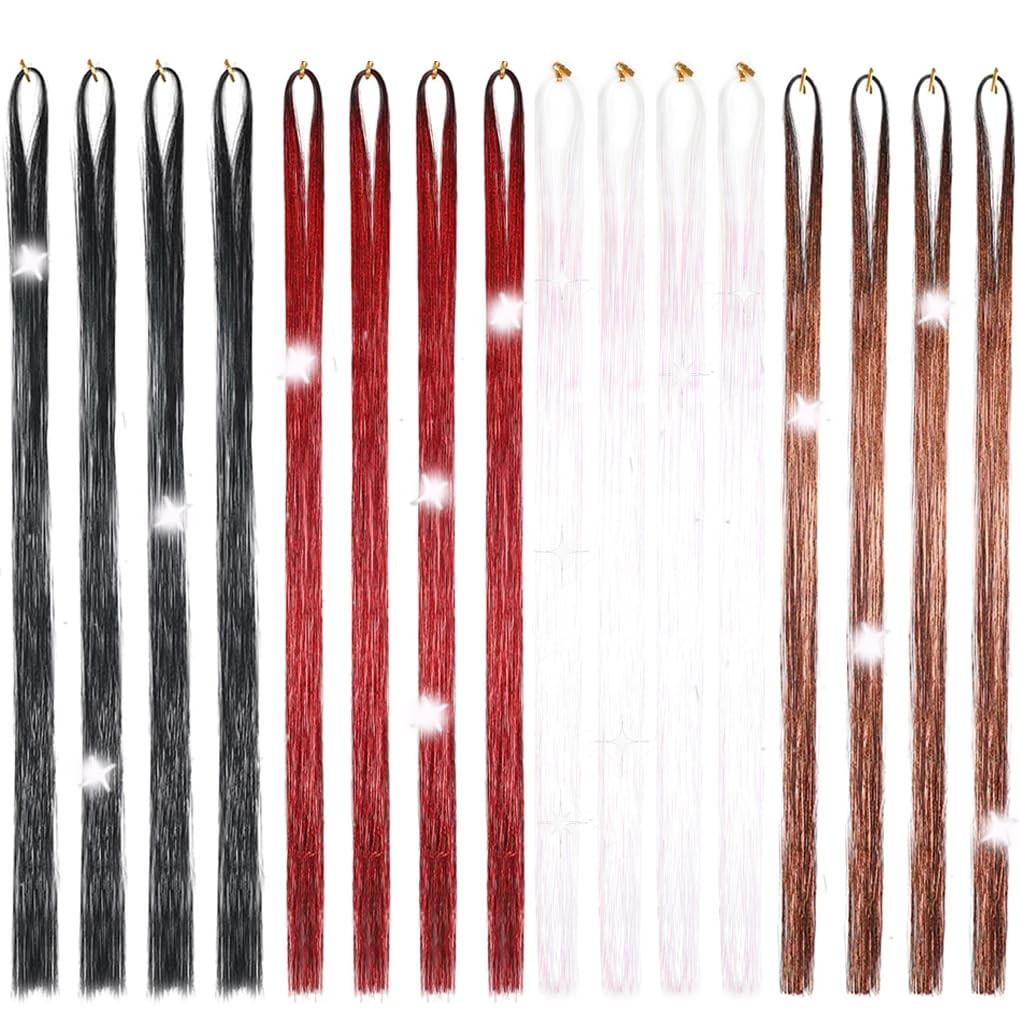 Hair Tinsel 50inch 16packs 3200 Strands Black Red Brown White Tinsel Hair Ext…