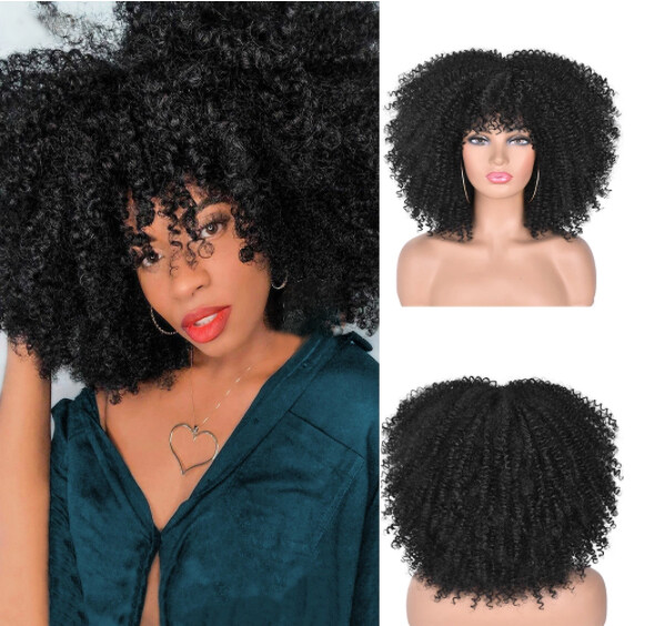 Black Afro Curly Wigs with Bangs for Women Kinky Curly Afro Wig for Black Women