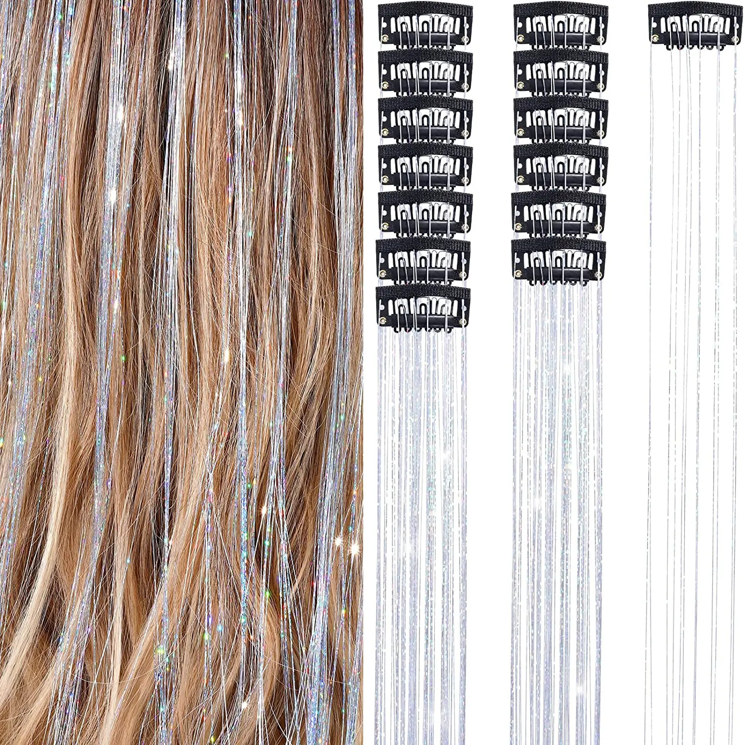 50cm Sparking Shiny Hair Tinsel Extensions Synthetic Clip In Hair Extensions