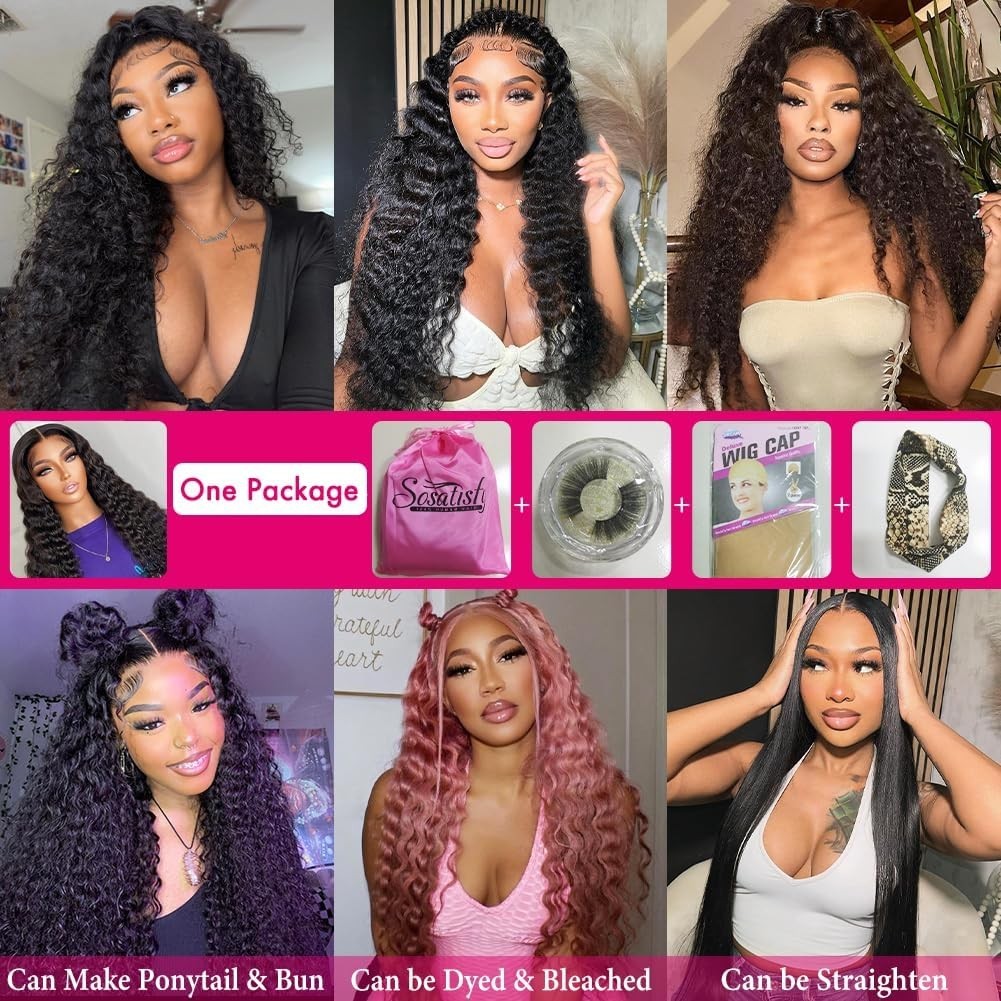 Deep Wave Lace Front Wig Human Hair 20 Inch Natural Black Pre Plucked