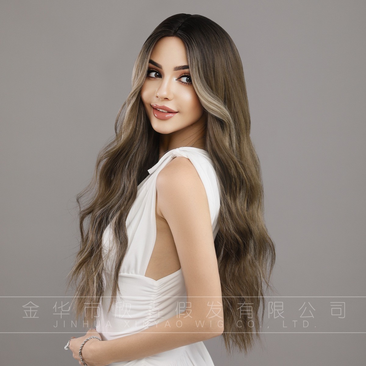 Middle Part Long Wavy Wig with Brown Highlights High Temperature Fiber