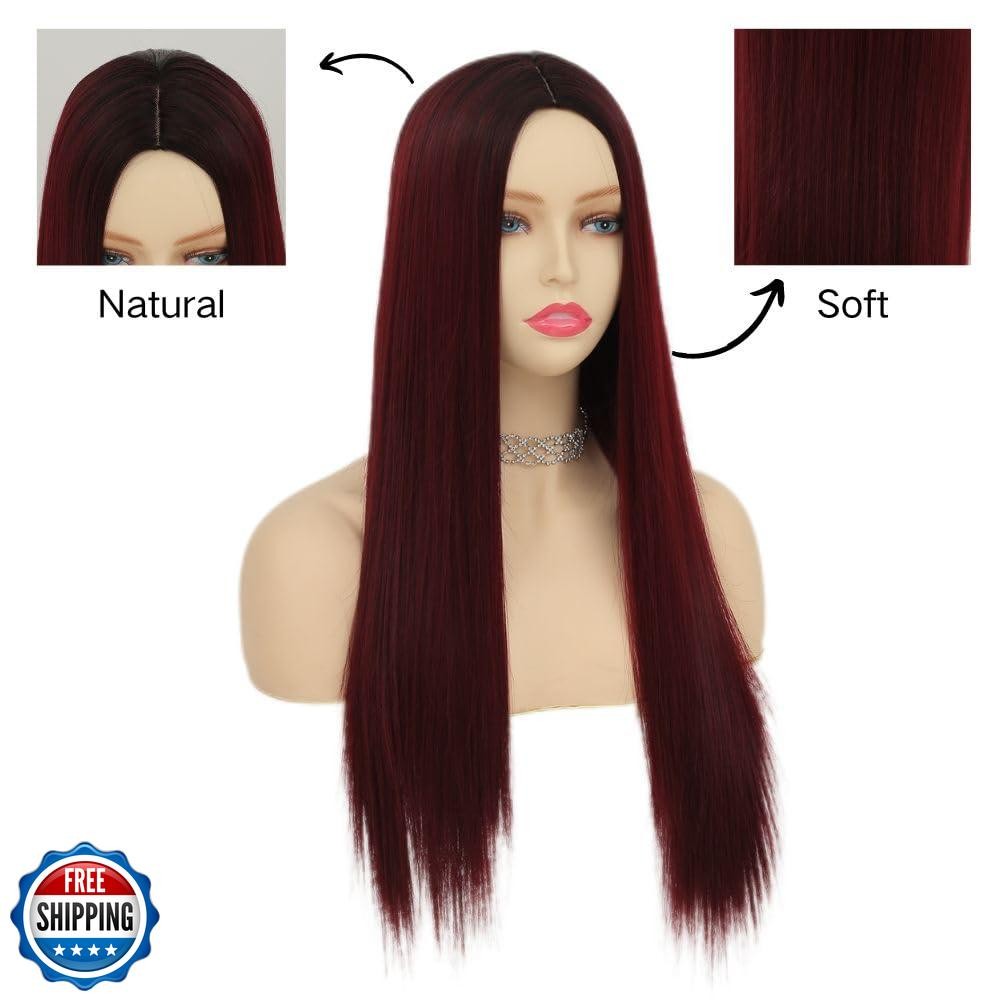 Tseses Ombre Red Long straight Wigs for Women Synthetic Hair Wigs Dark Roots