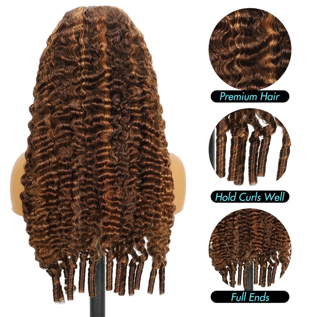 24″ Honey Blonde Curly Drawstring Wig – 250 Density, HD Lace Front, Ombre, Pre-P