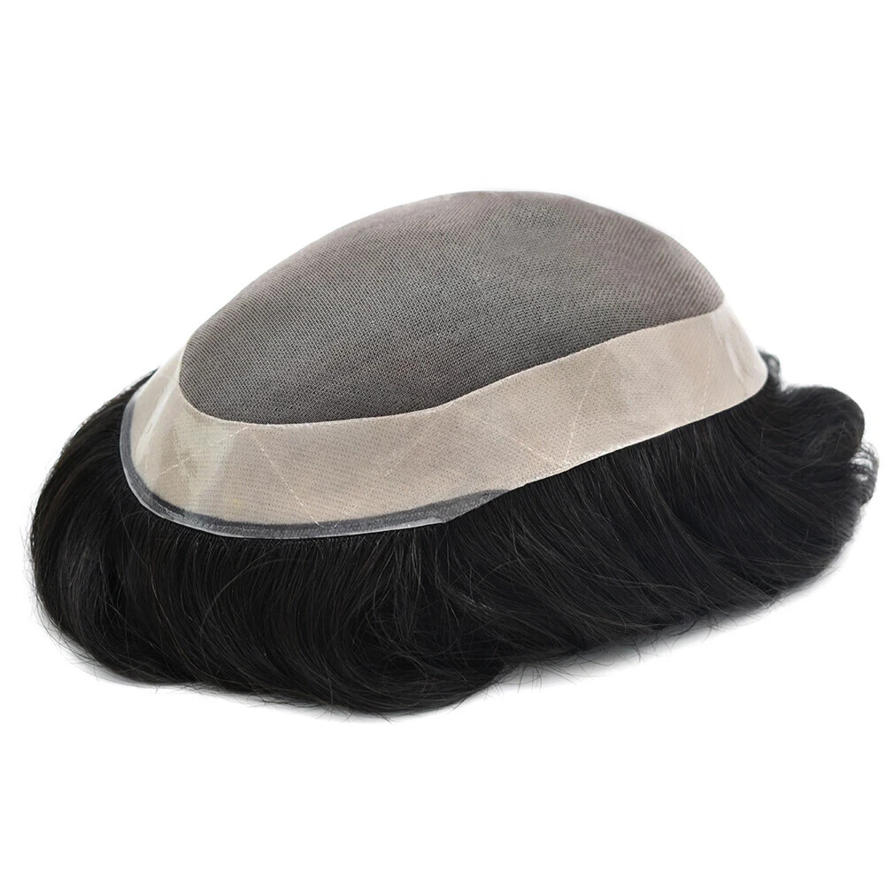 Mens Human Hair Replacement System Hairpiece Fine Mono Poly Skin Mens Toupee Wig
