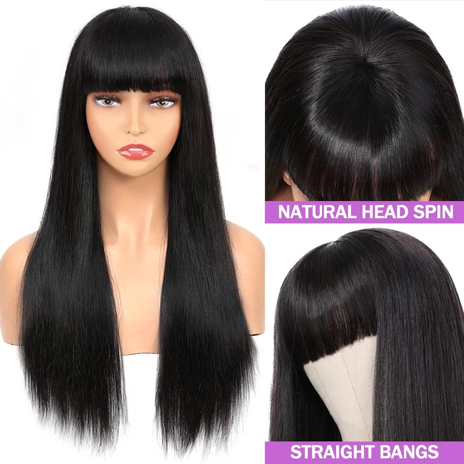 Brazilian Long Black Wig Straigh Human Hair Wigs with Bangs For Woman