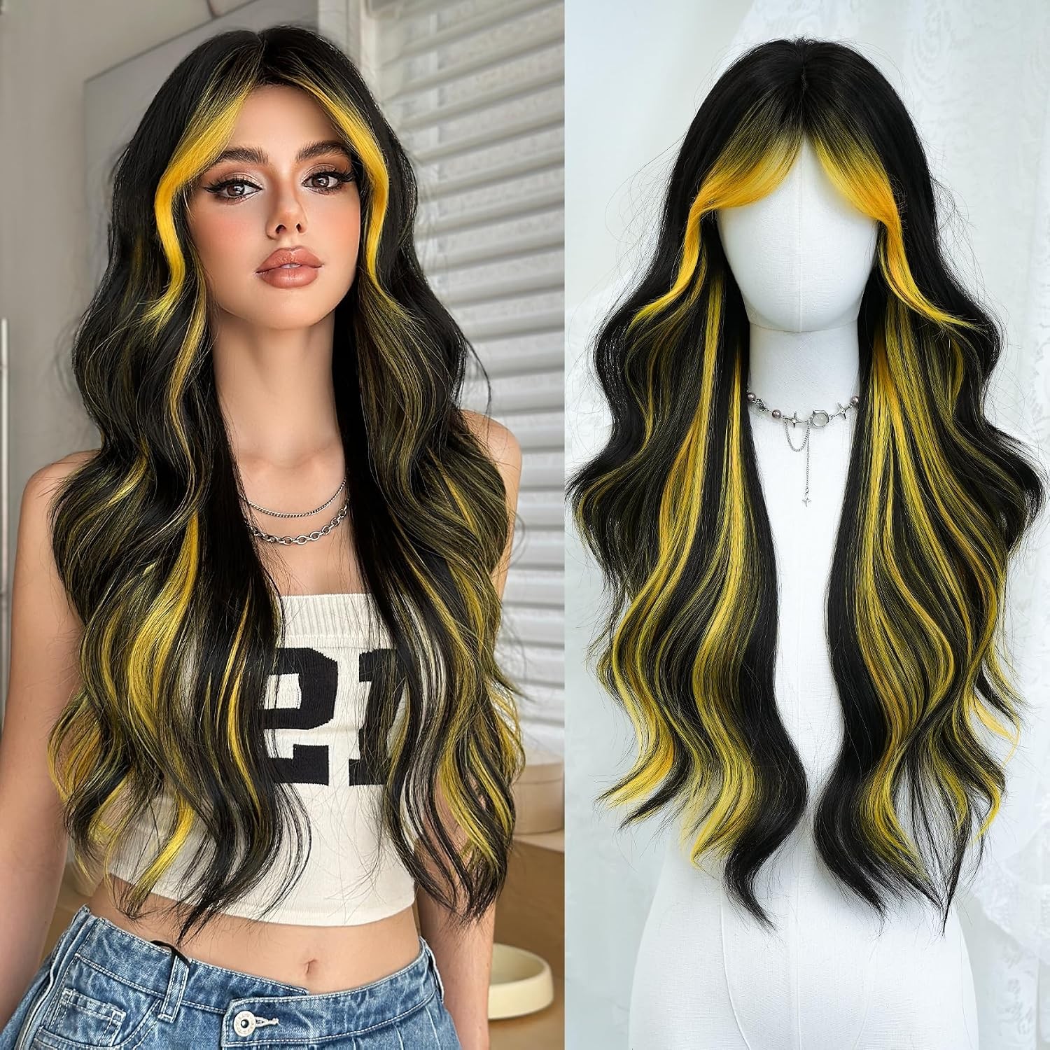 Natural Black Long Wavy Rose Pink Highlight Wigs with Curtain Bangs Natural Part