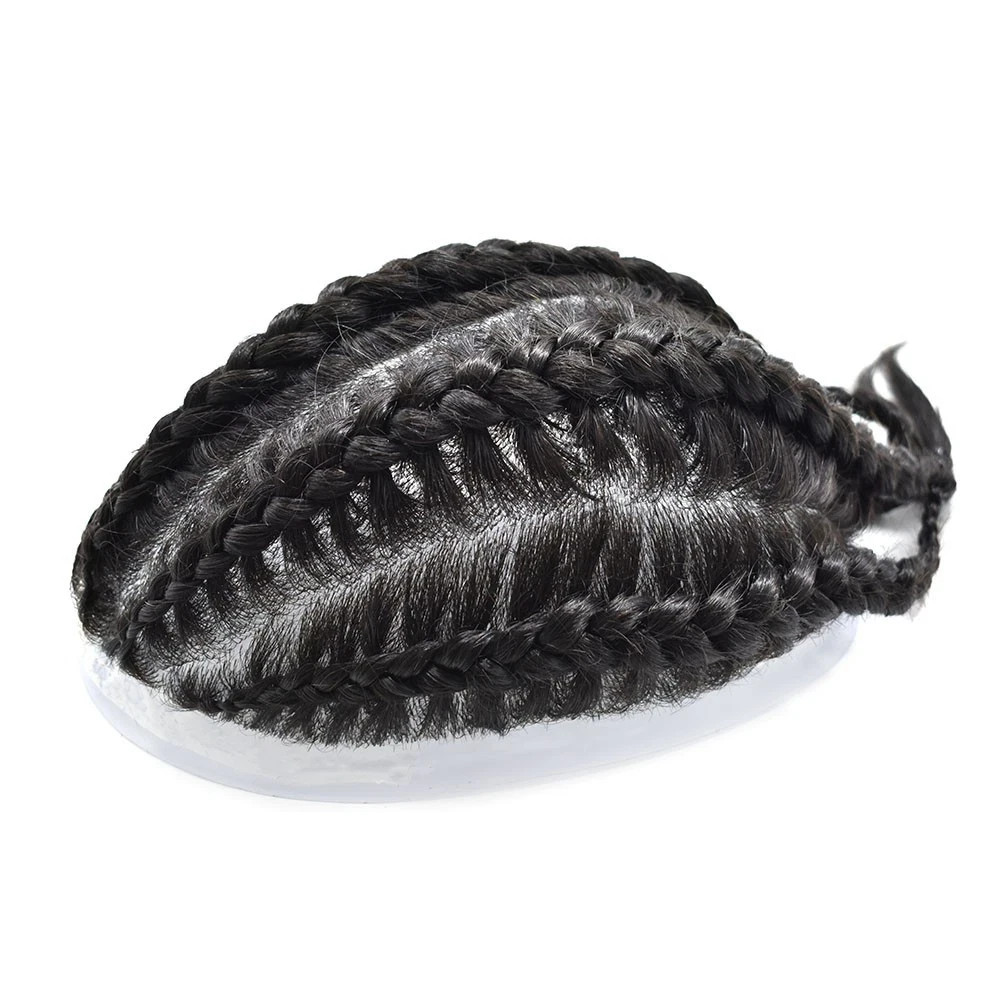 Mens Toupee Cornrow Braids Full Poly Box Braided Mens Hairpiece Male Braiding