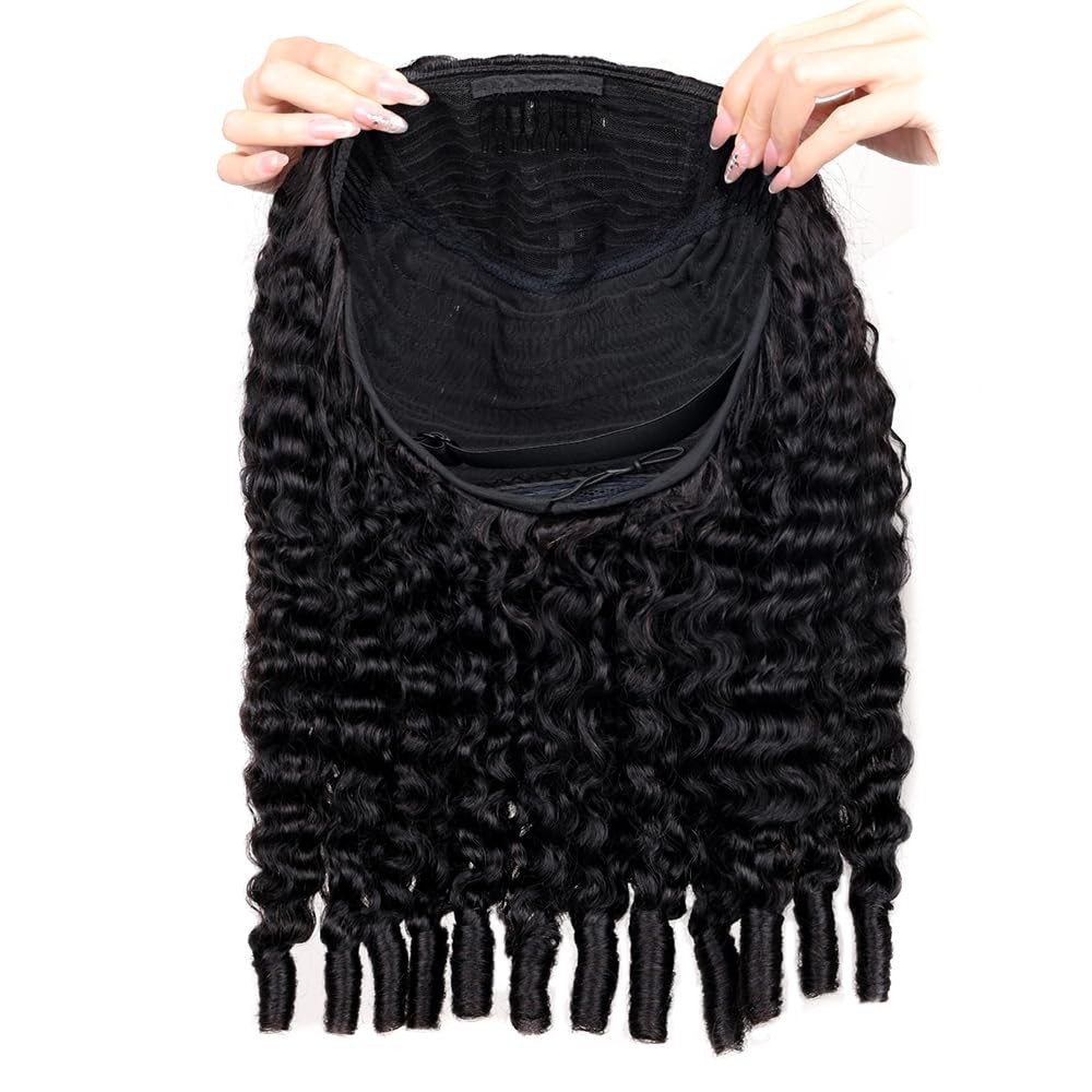 Curly Half Wig Human Hair 20″ Glueless Kinky Curly 200% Density Clip-In Drawstri