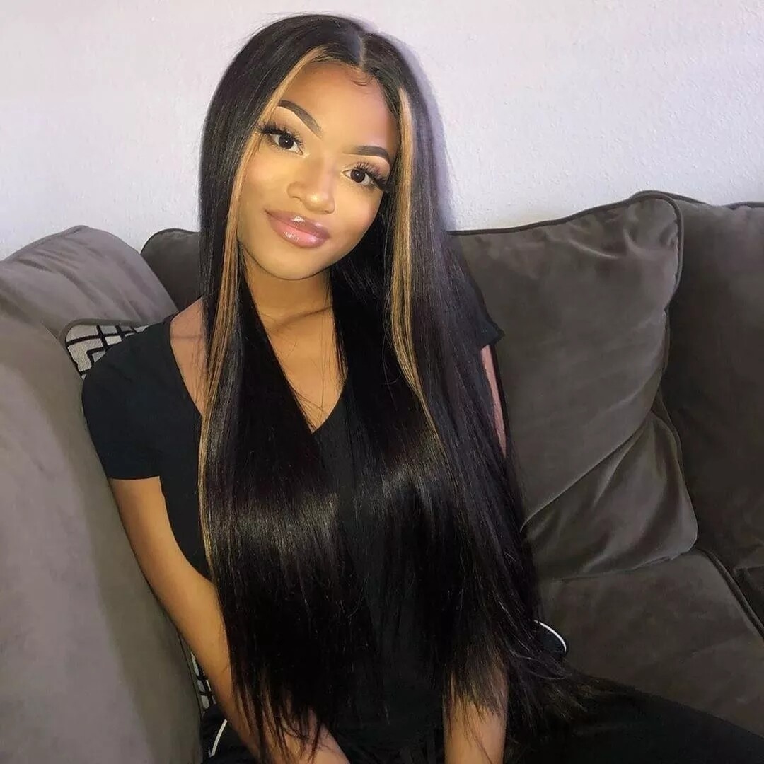 Blonde Skunk Stripe Highlight Long Straight Black Wigs Lace Front Wigs Glueless