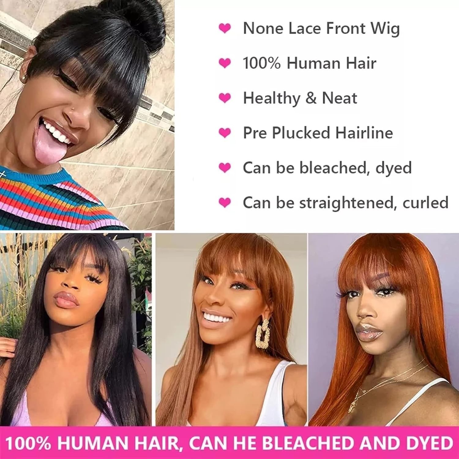 Straight Human Hair Wigs with Bangs None Lace Front Wigs Human Hair