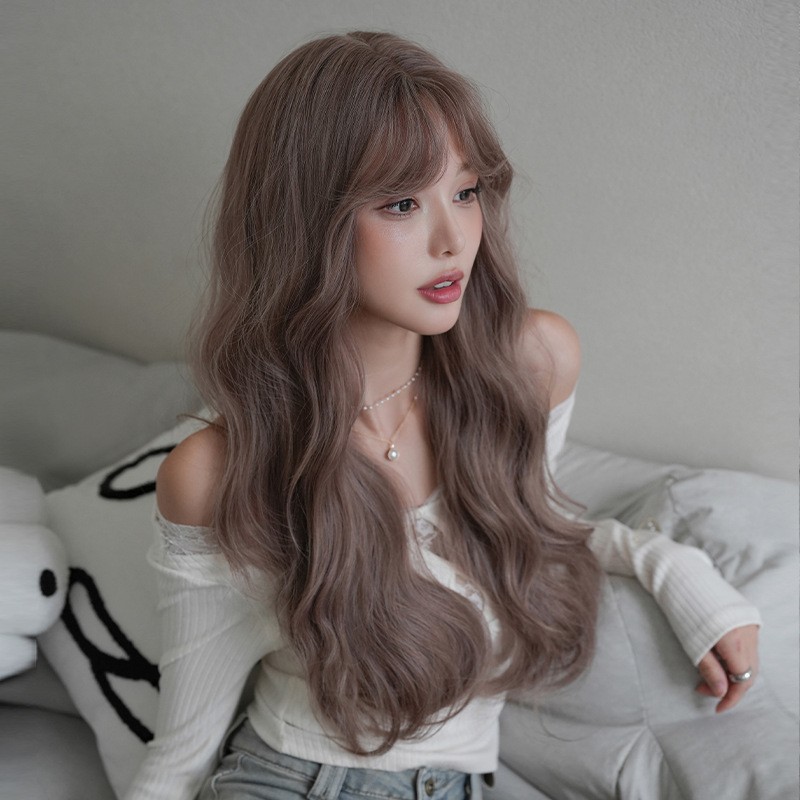 Womens Japanese Korean Style Pink Purple Water Wave Long Curly Wig Realistic