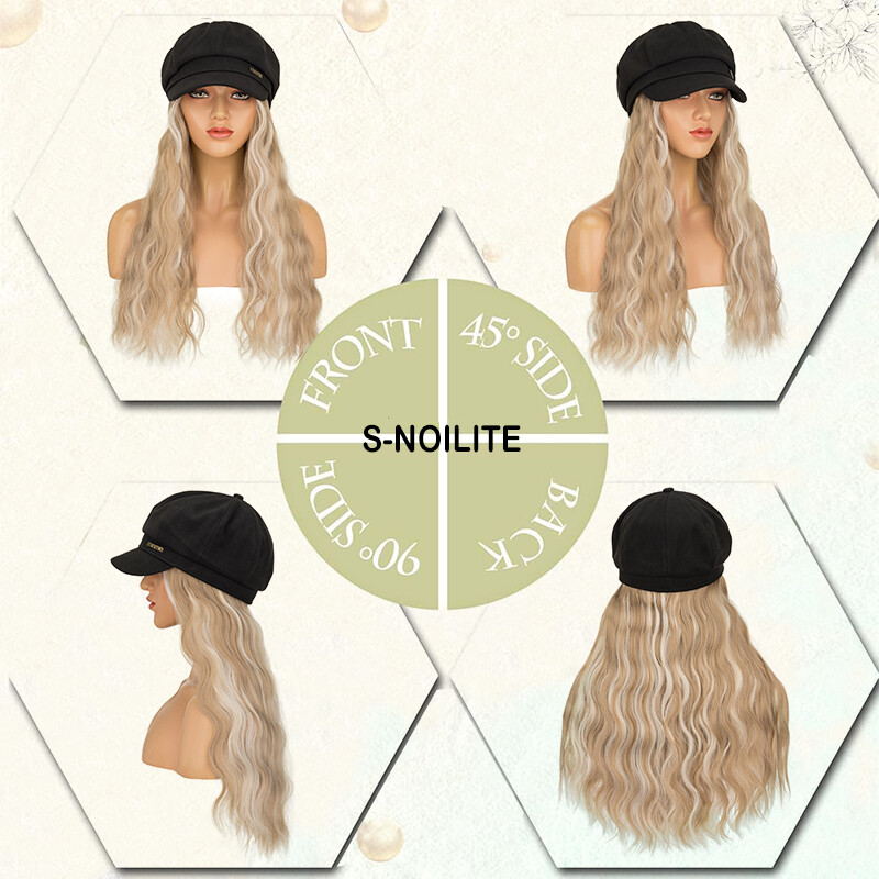 Beret Hat with Hair Extensions Wool Cap Attached 18” curly Hairpiece Synthetic