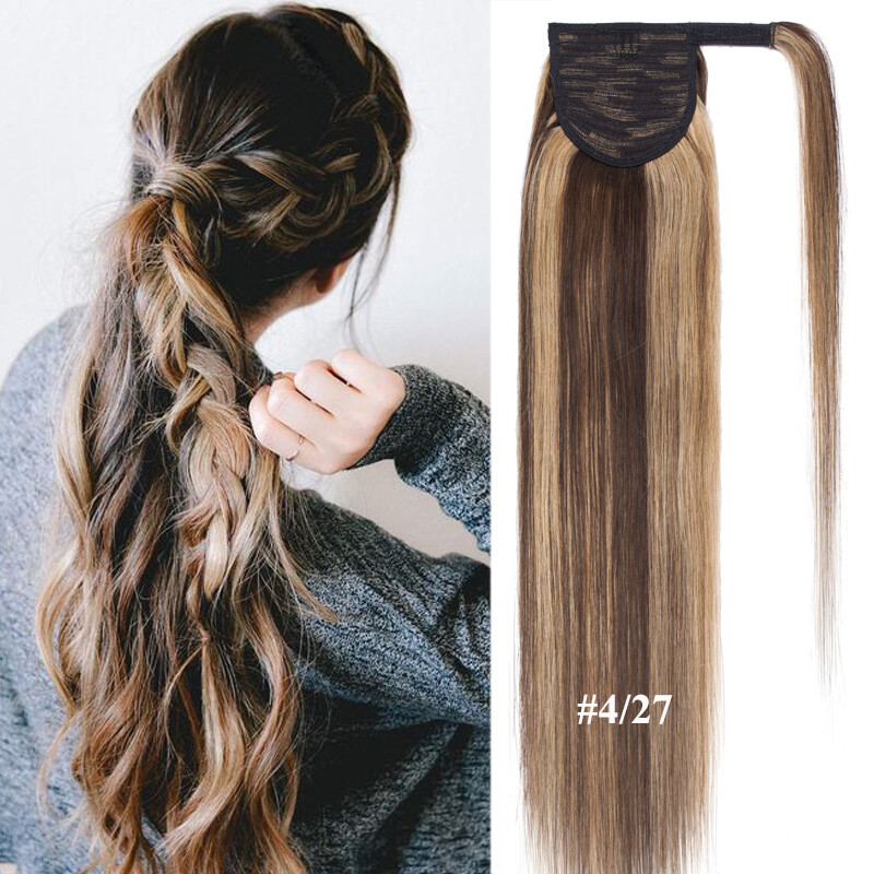 100% Long REMY Human Hair Clip In Pony Tail Hair Extensions Wrap Around Ponytail