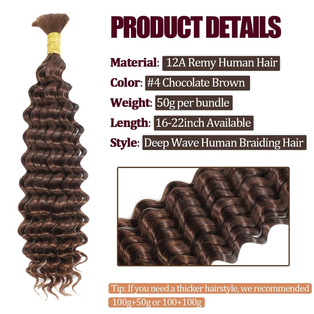 Giginger 4 Chocolate Brown Deep Water Wave Bulk Human Braiding Hair 100G 2