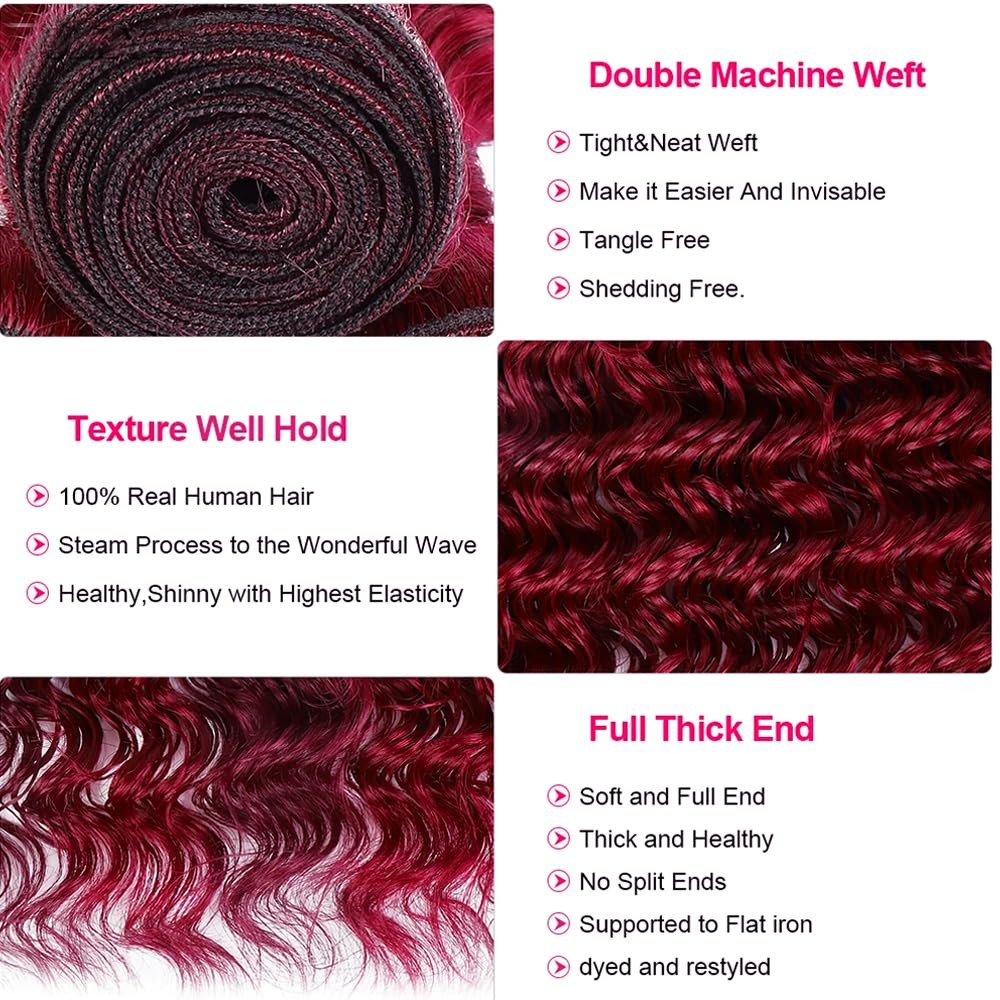 Cnumgunm 30 32 34 Inch 99J Deep Wave Bundles Burgundy Deep Wave Bundle Human