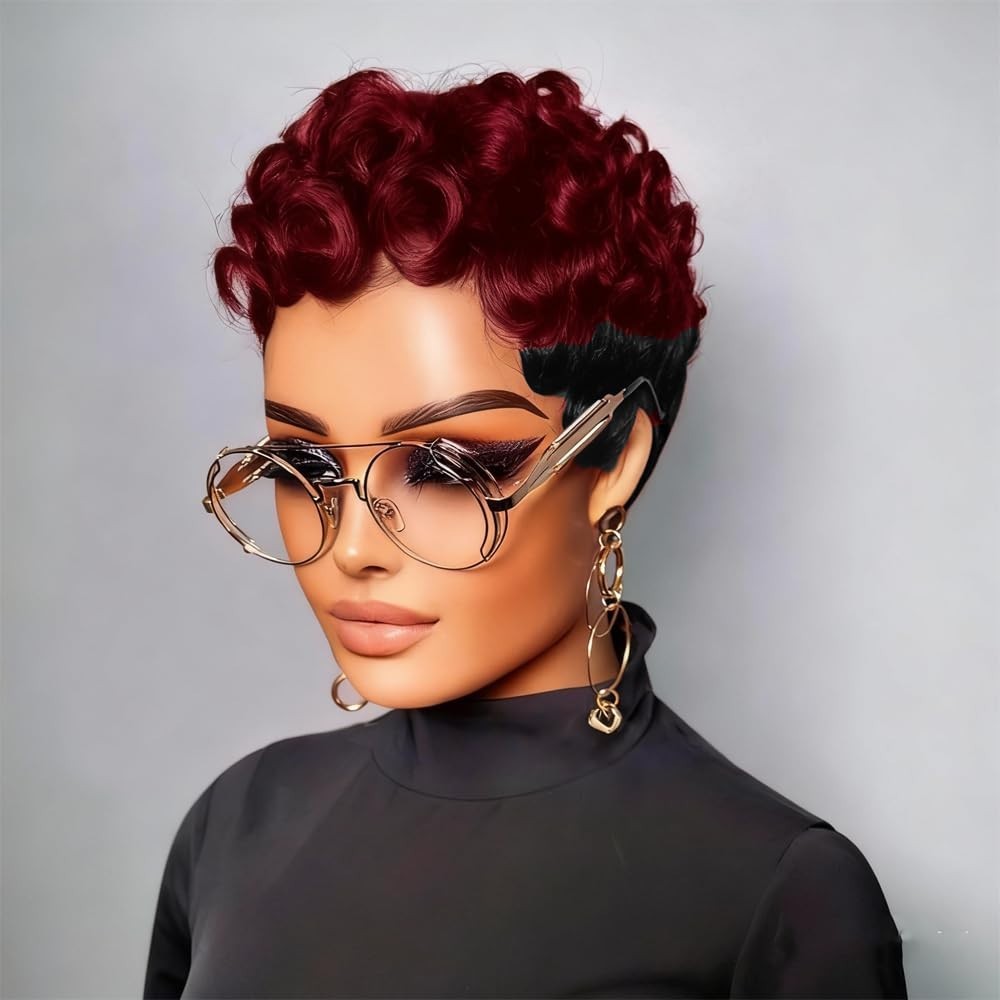 Short Curly Pixie Cut Wig Human Hair Burgundy Black Ombre 1B/99J