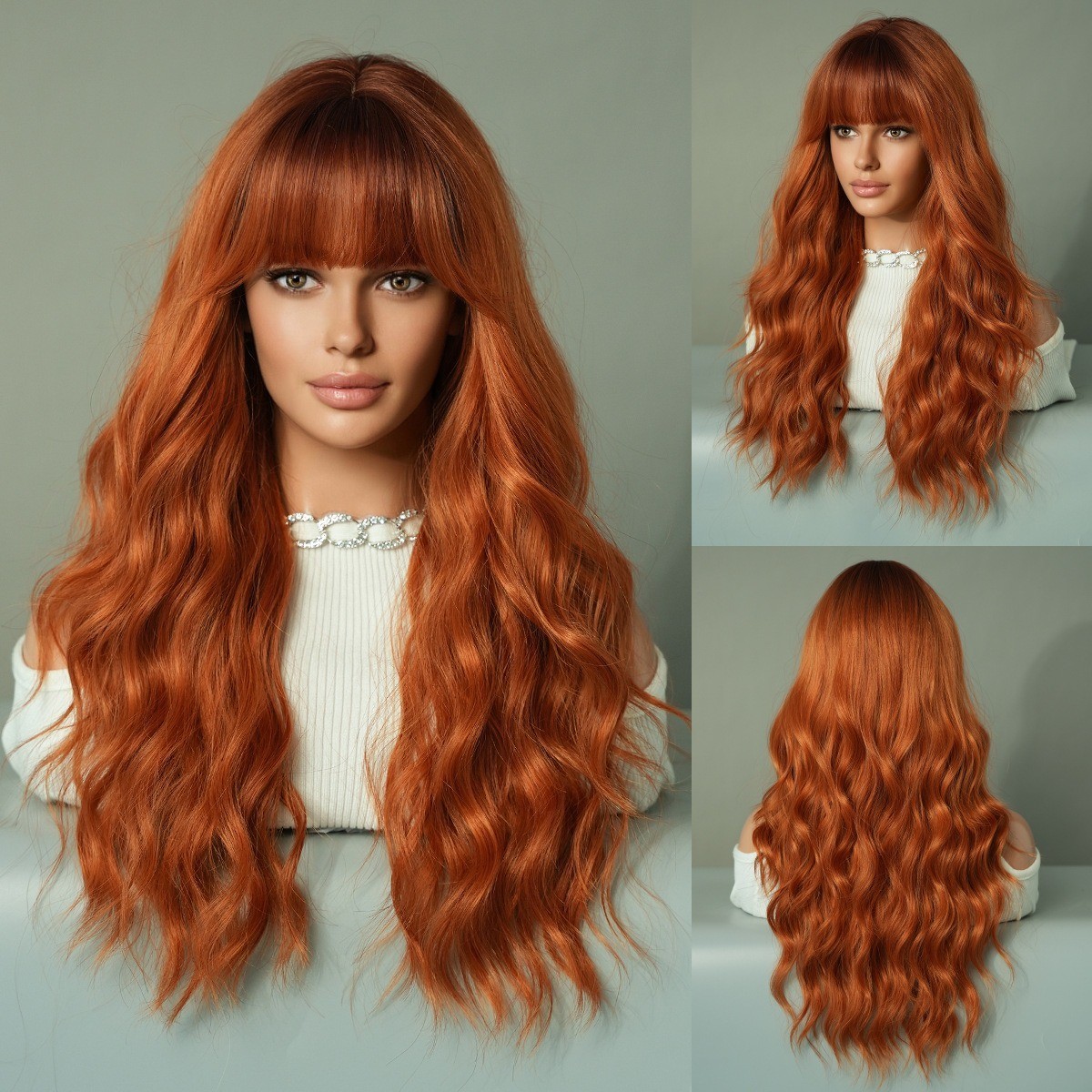 Orange wavy long curly hair with fringe hairstyle yellowish hairdo headband