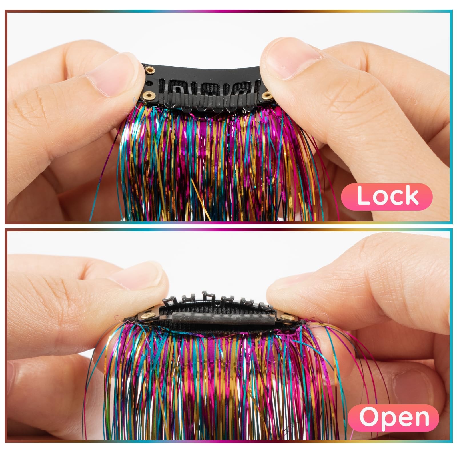 Extensiones de cabello con purpurina y lentejuelas, ideales para usar con clips.