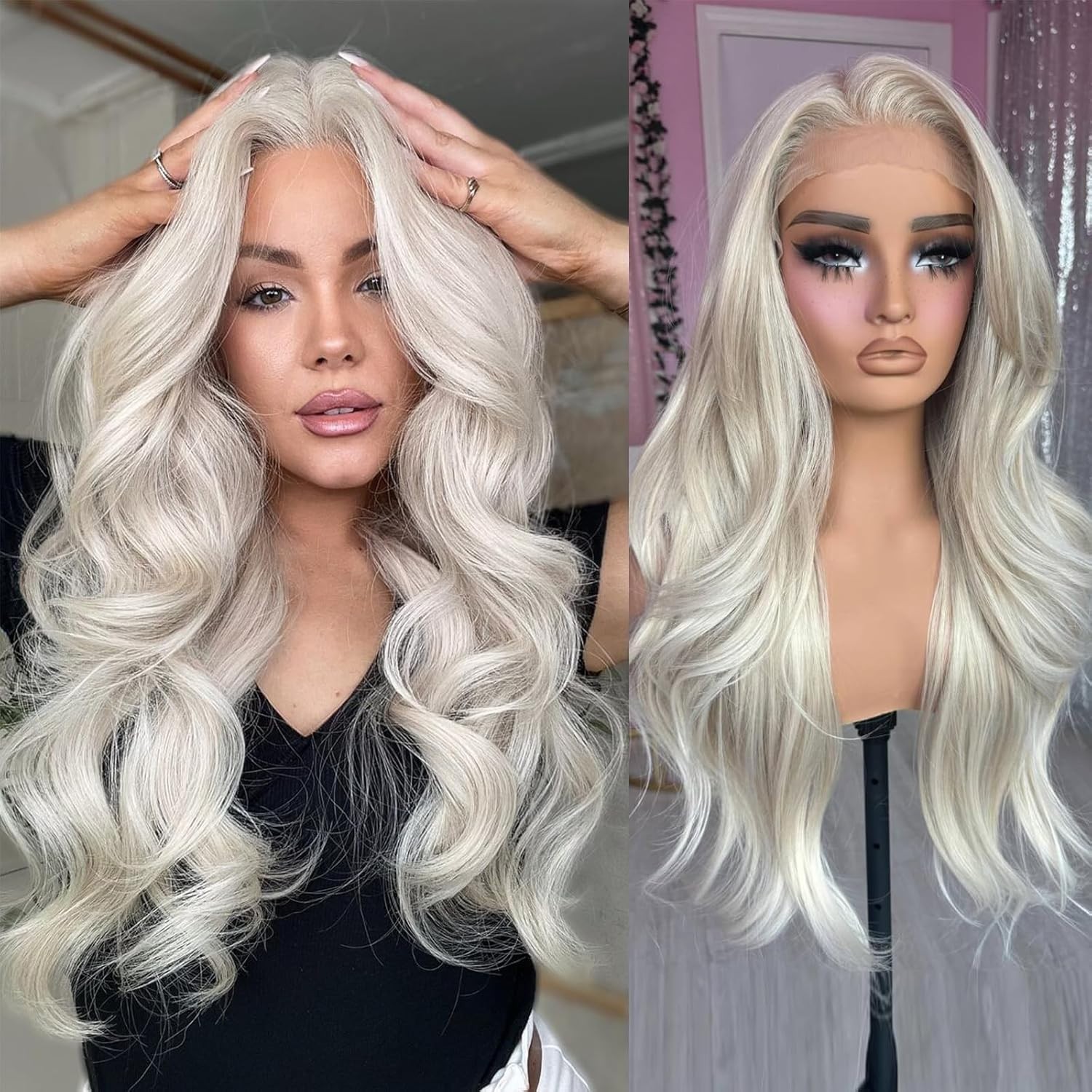 100 % HUMAN HAIR BODY WAVE LACE FRONT WIGS PLATIUM 22′