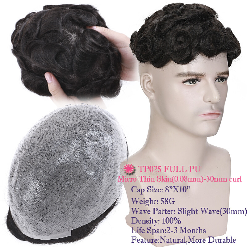 Natural Mens Human Hair Toupee Full Poly Skin Injected PU Replacement System Wig