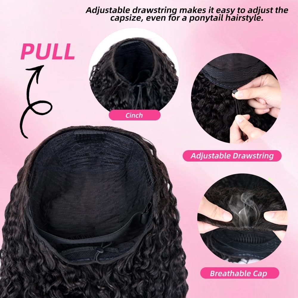 Curly Half Wig Human Hair 20″ Glueless Kinky Curly 200% Density Clip-In Drawstri