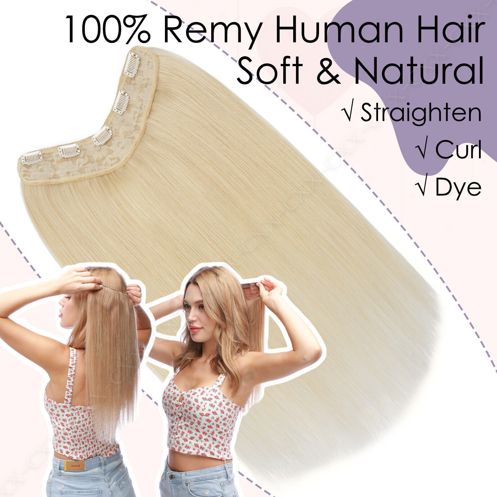 One Piece V Shape 100% Real Clip in remy Human Hair Extensions Highlight