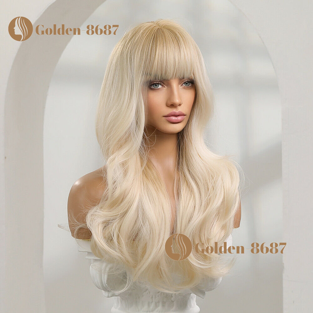 Long Wavy Platinum Blonde Hair Wigs Bangs Women Fashion Natural Daily Cosplay US