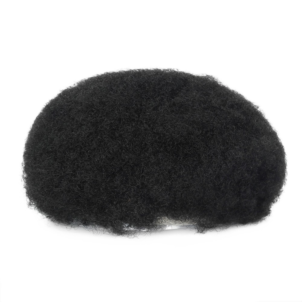 Mens Toupee Human Hair Afro Curl 6mm Poly Skin Off Black Hair Pieces #1B