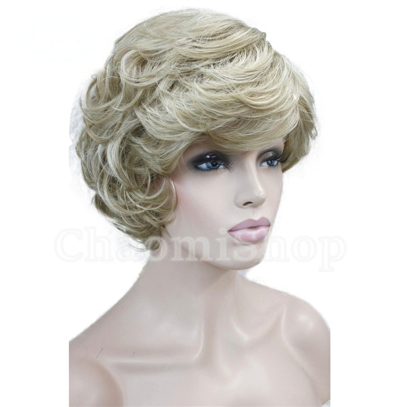Women’s Wig Short Black Brown Grey Mix Curly Wave Ladies Daily Hair Wigs