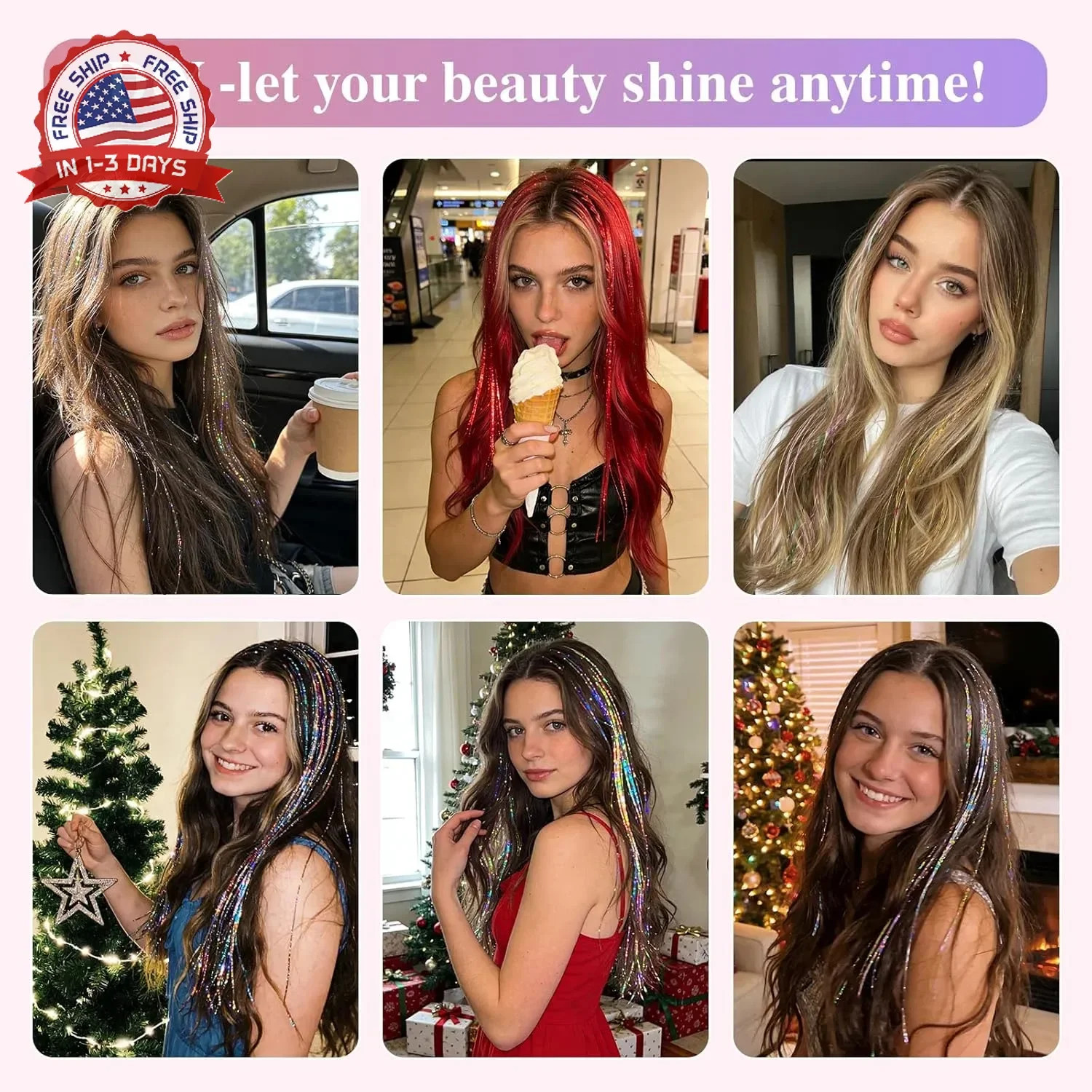 Leuceiy 12 Colors Hair Tinsel Kit, 48 Inch Hair Extensions With Tool, 3600 Stran