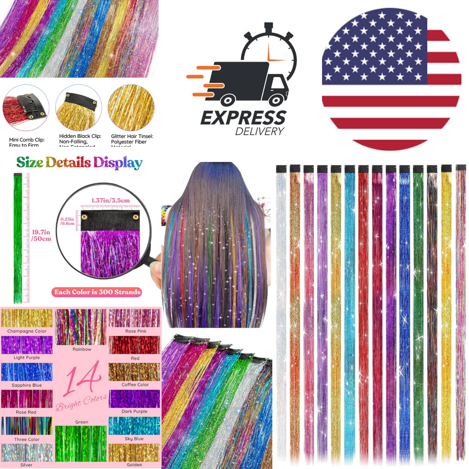 Clip In Glitter Tinsel Hair Extensions 19.7 Inch Perfect for Kid Girl Teens Gift