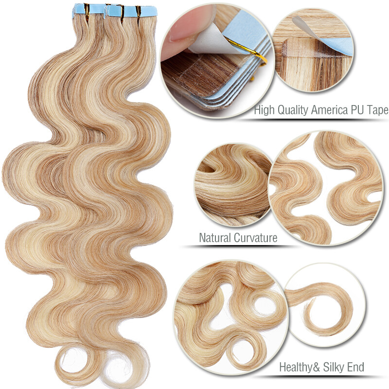 60PCS Thick Tape In Remy 100% Real Human Hair Extension Full Head Skin Weft Wavy
