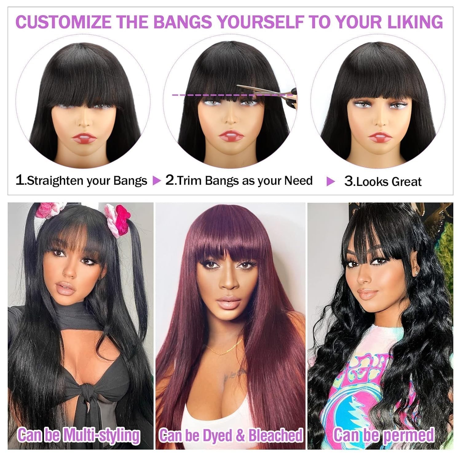 Straight Wig Human Hair with Bangs Machine Made Brazilian Virgin Human Hair Wig